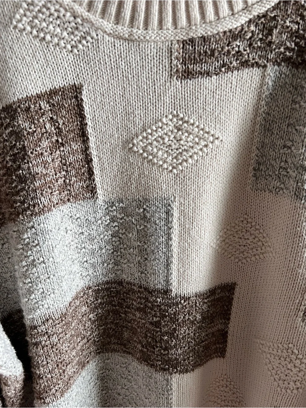 Ashley By 26 International Cream, Brown & Light Gray Geometric Crewneck Sweater